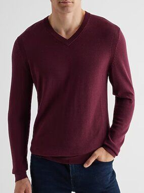 V- Neck Extra Fine Marino Wool Sweater Y2K 80's 90's Slim Fit Business Casual